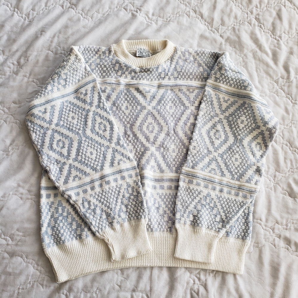 Vintage 80s Nordic Cotton Knit Sweater Geometric Pattern L/XL Fit Grandpa Core